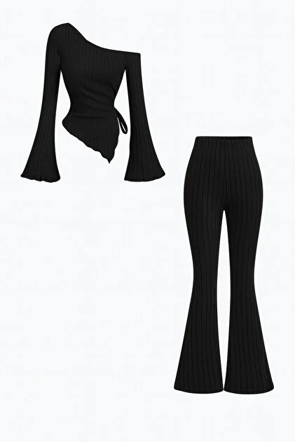 Siyah Fitilli Asimetrik Tek Omuz İspanyol Kol Bluz & Yüksek Bel Bol Paça Pantolon Takım